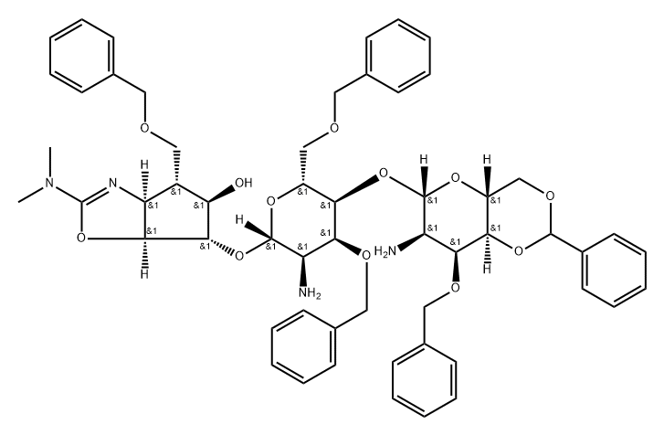 .beta.-D-Allopyranoside, (3aS,4R,5R,6S,6aS)-2-(dimethylamino)-3a,5,6,6a-tetrahydro-5-hydroxy-4-(phenylmethoxy)methyl-4H-cyclopentoxazol-6-yl 2-amino-4-O-2-amino-2-deoxy-3-O-(phenylmethyl)-4,6-O-(phenylmethylene)-.beta.-D-allopyranosyl-2-deoxy-3,6-bis-O-(p