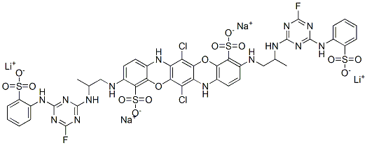 4,11-Triphenodioxazinedisulfonic acid, 6,13-dichloro-3,10-bis2-4-fluoro-6-(2-sulfophenyl)amino-1,3,5-triazin-2-ylaminopropylamino-, lithium sodium salt